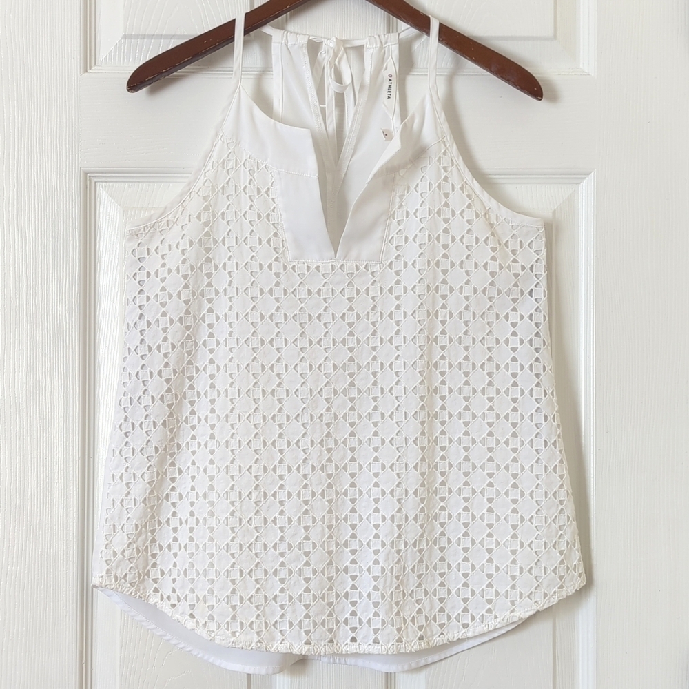 Athleta Eyelet Dunes Relaxed Embroidered Split Neck Tassel Tied Tank Top White S